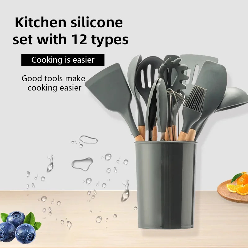 Kitchen Baking Pan Storage - 12 parçalı Set Ahşap Saplı Silikon
